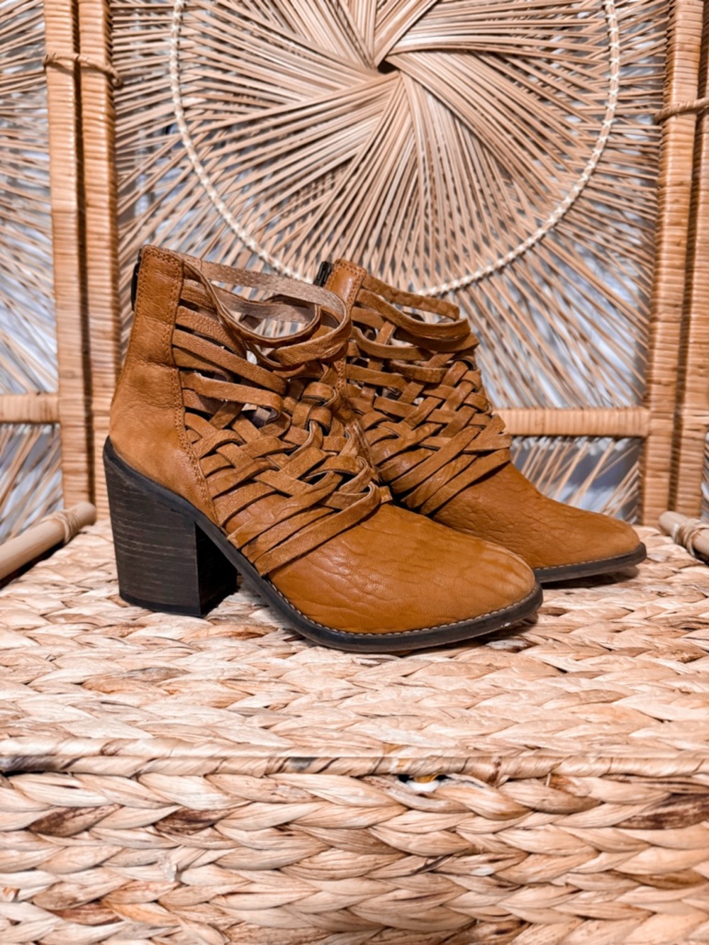 Free People Cognac Woven Leather Ankle Booties - Picture 3 of 12
